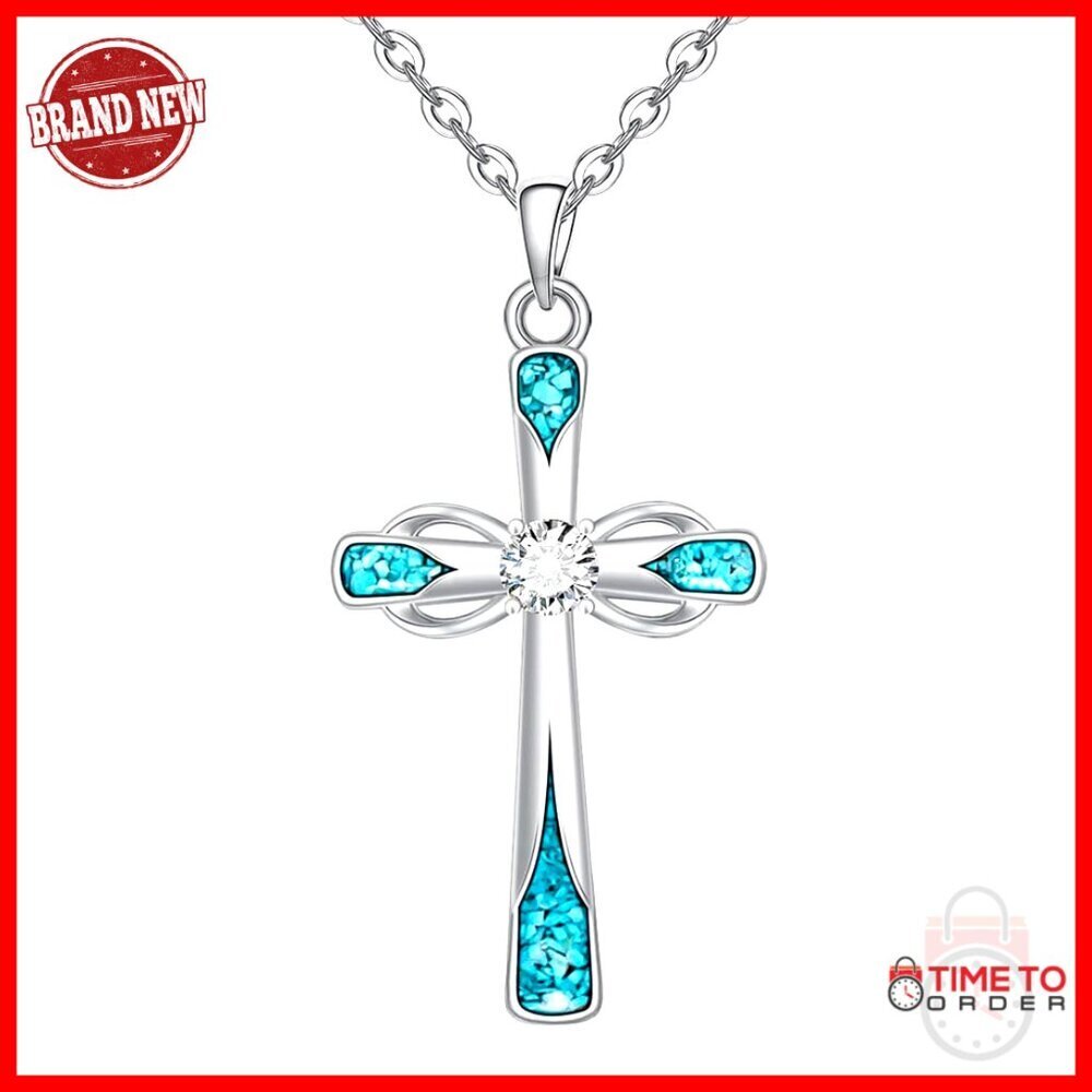 Sterling Silver Turquoise Cross Pendant Necklace 24 Inch Adjustable Faith